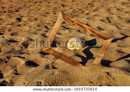 Wooden photo frame and seashell on the sand on the beach.