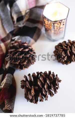 Holiday Pinecone and Flannel fabric with glowing candle