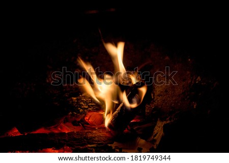 Fire flames and red-hot wooden logs in the dark