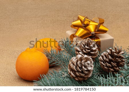 New Year composition on burlap. Christmas tree branches, pine cones, gifts and tangerines.