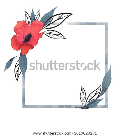 Square frame with red flowers. Hand drawing. Watercolor illustration. Isolated on white