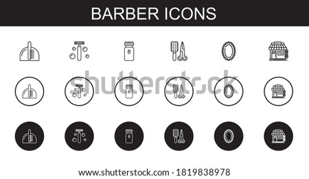 barber icons set. Collection of barber with comb, razor, electric razor, mirror, barbershop. Editable and scalable barber icons.