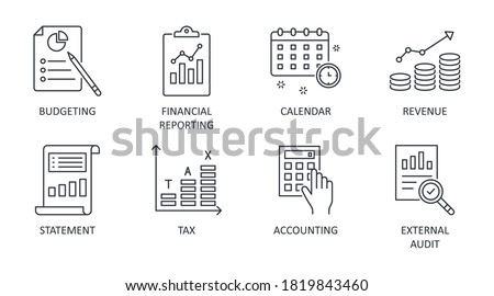 Fiscal year vector icons. Business finance company signs. Editable stroke. Financial reporting budgeting statement revenue. Calendar accounting external audit tax Royalty-Free Stock Photo #1819843460