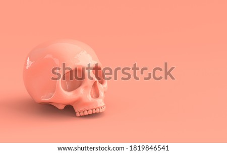 Human scull 3d rendering. Pink death's-head on pastel colored background.  Scary halloween dead skeleton head symbol
