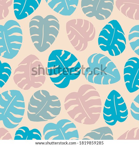 Monstera leaves vector seamless pattern. Beautiful large foliage of tropical or house plant in pastel mild colors. Print on fabric and textile, wrapping paper and scrapbooking decoration, 