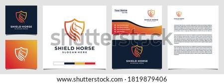 Creative shield horse logo inspiration with line art style logo business card and letterhead