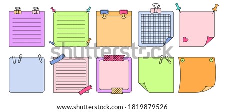 Paper sticky notes with elements planning set. Blank notes memo messages. Notebook collection with curled corners, push pins. Various linear tag business office, writing reminds. Isolated vector