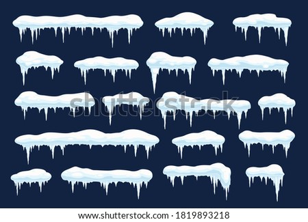 Snow caps with icicles, vector snowballs and snowdrifts. Winter snowy decoration, christmas design elements. Long and short icy roof framing with icicles, cartoon caps isolated on blue background Royalty-Free Stock Photo #1819893218