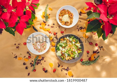 A summer picnic atmosphere, tablecloth on the lawn with plates of healthy food and poinsettia plant.
