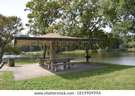 Park pavilion by a lake