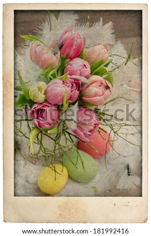easter tulip flowers bouquet with eggs. vintage postcard style. antique cardboard isolated on white background
