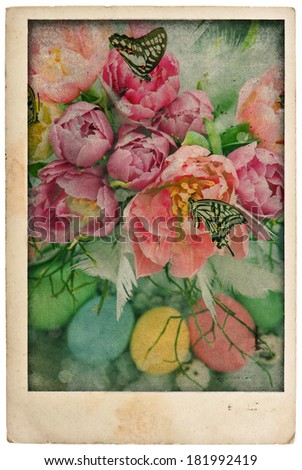 easter flowers and eggs. vintage postcard style. antique cardboard isolated on white background
