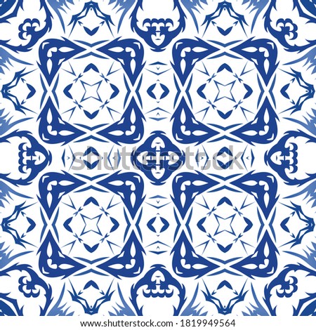 Decorative color ceramic azulejo tiles. Fashionable design. Vector seamless pattern collage. Blue folk ethnic ornament for print, web background, surface texture, towels, pillows, wallpaper.