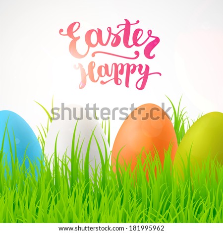 Easter Holiday Vector. Spring Design. Easter Eggs and Green Grass with Sun Shine