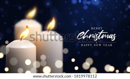 Merry Christmas and Happy New Year banner. Holiday banner with realistic 3d burning white candles and effect bokeh on background. Festive vector illustration.