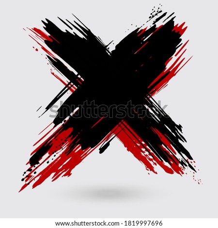 Black and red ink cross stroke on white background. Japanese style. Vector illustration of grunge cross stains