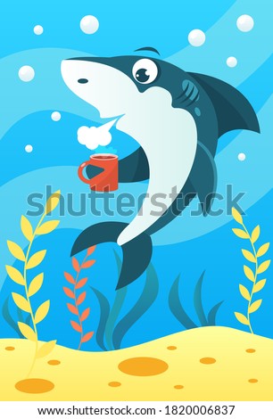 Cute smiling animals and underwater world. Cute shark holds mug of coffee and blows, cooling the coffee. Undersea world animals, algae and water bubble cartoon vector illustration.