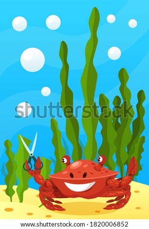Cute smiling animals and underwater world. Cute walrus blows candles on cake. Undersea world animals, algae and water bubble cartoon vector illustration.