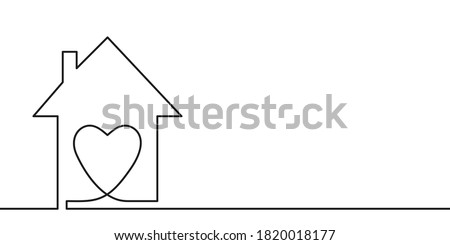 Continuous one line drawing heart inside house, Love in family symbol. Minimalist contour vector illustration made of single thin line black and white