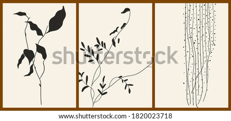 A set of three abstract minimalist aesthetic floral illustrations. Black silhouettes of plants on a light background. Modern monochrome vector posters for social media, web design in vintage style. Royalty-Free Stock Photo #1820023718