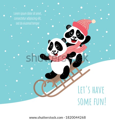 Two funny little pandas are sledding. Vector illustration for children.