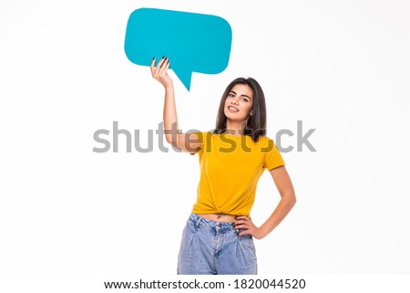 Young woman with speech bubble isolated on grey
