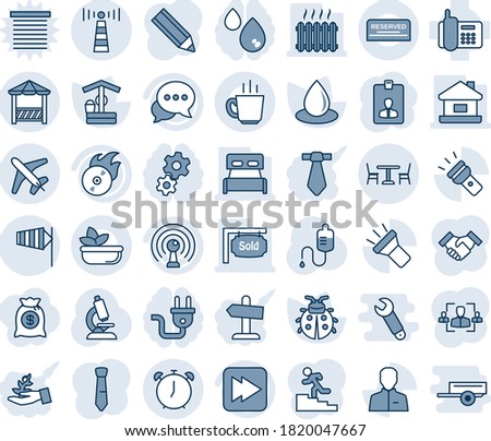 Blue tint and shade editable vector line icon set - antenna vector, cafe, plane, alarm clock, side wind, identity card, lady bug, water drop, well, dropper, microscope, office phone, flame disk, hr