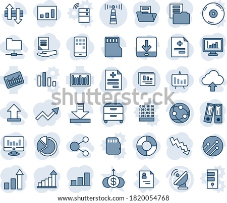 Blue tint and shade editable vector line icon set - antenna vector, growth statistic, office binder, crisis graph, document, monitor, diagnosis, patient card, barcode, satellite, network, sd, bar