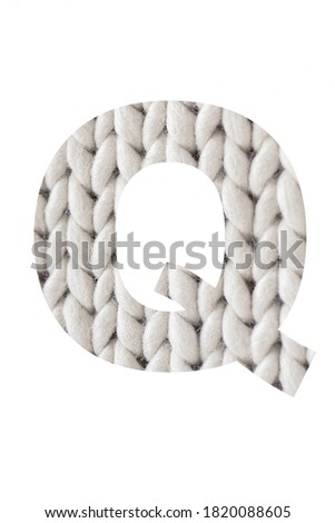 Letter " Q " is a knitted of the alphabet isolated on a white background. Illustration of a collection of alphabet numbers of knitted pigtails background for a design project, poster, postcard