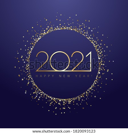 2021 A Happy New Year symbol concept. Round logotype. Abstract isolated graphic design template. Gold colored numbers. Christmas creative decoration. Golden snowy ball, shiny gradient digits and text