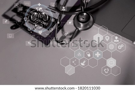 Double exposure of healthcare And Medicine concept. Doctor stethoscope and modern virtual screen interface, Blurred background. 