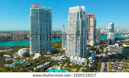 Aerial view of skyscrapers in Miami Beach. Drone view Of Miami Beach, hotels and skyscrapers near South Pointe Beach and coastline, Florida Beaches, resort cities, city lndscape in Miami City