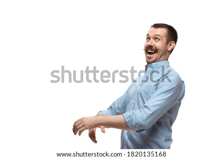 Man on white studio background, funny meme emotions