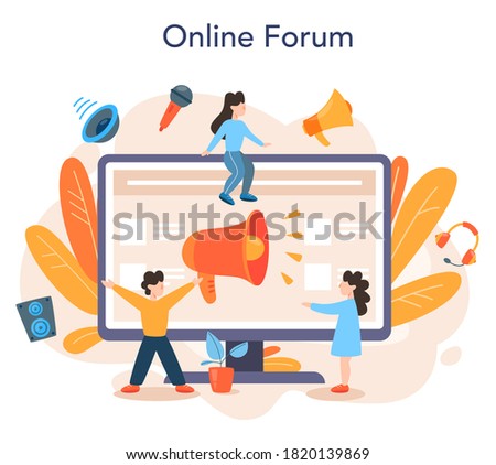 Professional speaker online service or platform. Peson speaking to a microphone. Broadcasting or public address. Online forum. Isolated vector illustration