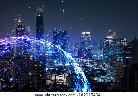 Abstract technology icons, night aerial panoramic cityscape of Bangkok, Asia. The concept of innovative approach to optimize international business process. Double exposure. Royalty-Free Stock Photo #1820154941