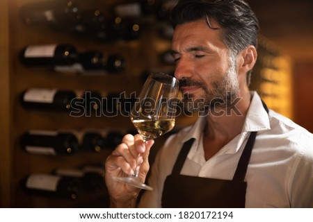 Authentic shot of successful male sommelier is tasting a flavor and checking white wine quality poured in transparent glass in a wine cellar. Royalty-Free Stock Photo #1820172194