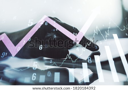 Abstract creative financial graph with upward arrow and finger clicks on a digital tablet on background, forex and investment concept. Multiexposure