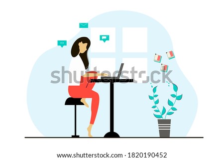 Young girl is a freelancer working from home. Vector illustration in flat style. 