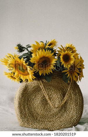 A bouquet of large sunflowers in wicker bag.