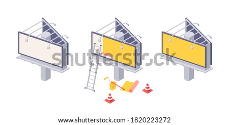 Billboard installation isometric vector with various stages of sticking advertising on big city ooh banner. Isometric billboard with ladder, bucket and roller for installation of outdoor ad.