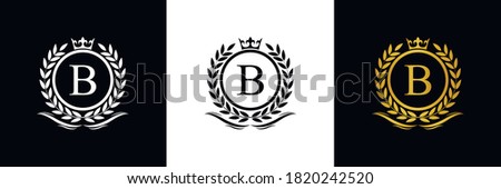 Golden Letter B laurel wreath template logo Luxury gold letter with crown. Monogram alphabet . Beautiful royal initials letter.	