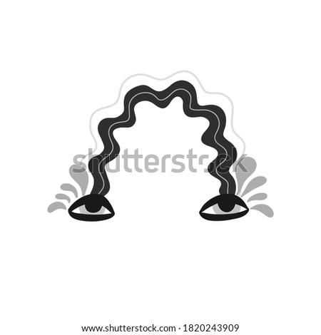 Hand drawing doodle rainbow with eyes, tears scatter to the sides. Vector stock illustration isolated on white background. Abstract rainbow close up.