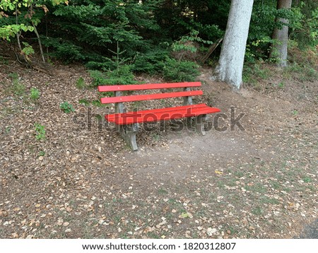 The red bench in the forest