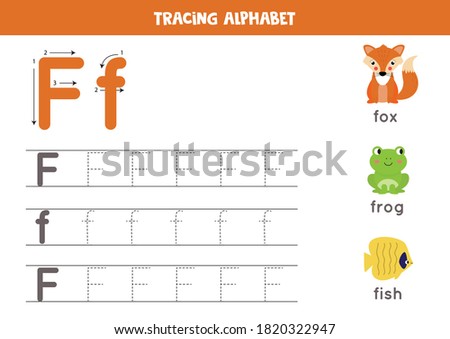 Tracing all letters of English alphabet. Preschool activity for kids. Writing uppercase and lowercase letter F. Cute illustration of fox, frog, fish. Printable worksheet.