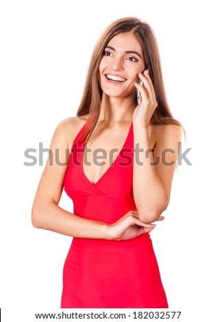 portrait of attractive young woman talking on the mobile phone isolated on white background