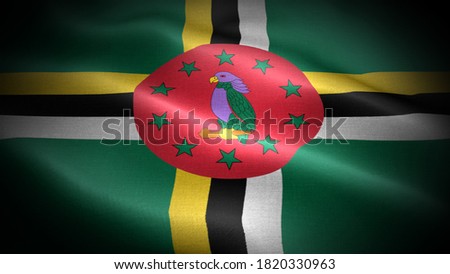 close up waving flag of dominica. flag symbols of dominica.