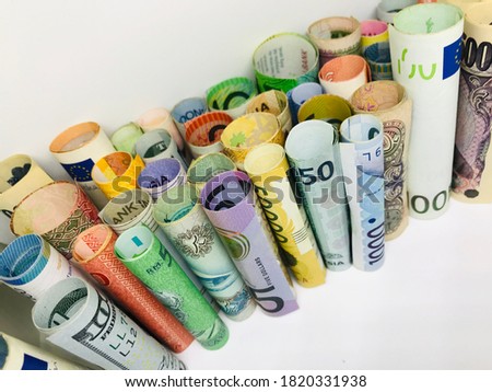 Money, variety banknote around the world on white background - financial and investment concepts