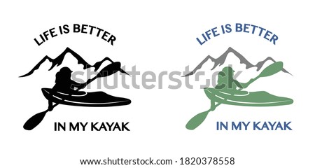 Woman kayaking silhouette drawing. Black line art illustration of kayak with woman. Vector drawing for logo with rowing boat. Woman paddling with mountains. Design for prints, decals, t-shirts