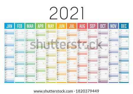 Year 2021 one page colorful calendar, on white background. Vector template. Royalty-Free Stock Photo #1820379449