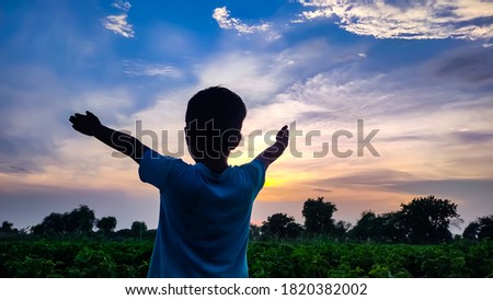 A child looking at scenic sunset view with his hands up